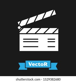 White Movie clapper icon isolated on black background. Film clapper board. Clapperboard sign. Cinema production or media industry concept.  Vector Illustration