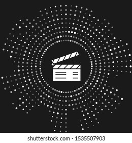 White Movie clapper icon isolated on grey background. Film clapper board. Clapperboard sign. Cinema production or media industry concept. Abstract circle random dots. Vector Illustration