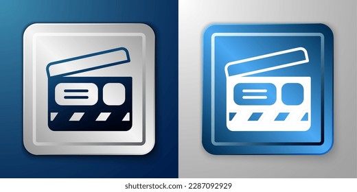 White Movie clapper icon isolated on blue and grey background. Film clapper board. Clapperboard sign. Cinema production or media industry. Silver and blue square button. Vector