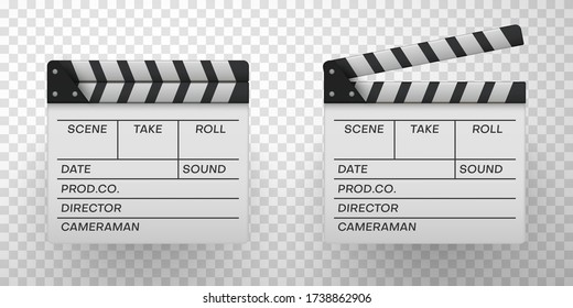 White movie clappers realistic icon set. Clapboards open and closed. Cinema, video production industry equipment with copy space. Vector detailed illustration isolated on transparent background.