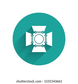 White Movie spotlight icon isolated with long shadow. Light Effect. Scene, Studio, Show. Green circle button. Vector Illustration