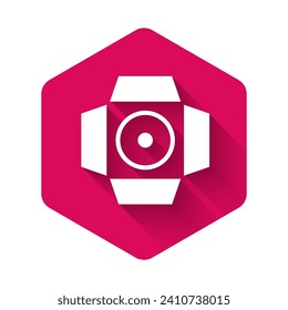 White Movie spotlight icon isolated with long shadow. Light Effect. Scene, Studio, Show. Pink hexagon button. Vector