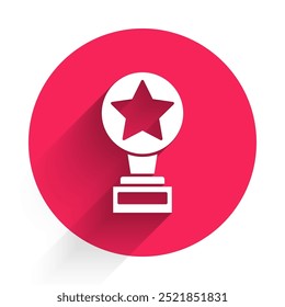 White Movie trophy icon isolated with long shadow. Academy award icon. Films and cinema symbol. Red circle button. Vector Illustration