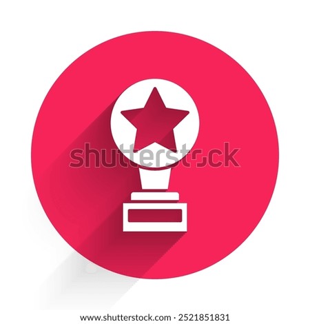 White Movie trophy icon isolated with long shadow. Academy award icon. Films and cinema symbol. Red circle button. Vector Illustration