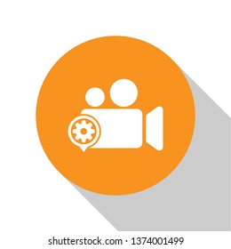 White Movie or Video camera and gear icon isolated on white background. Adjusting app, service concept, setting options, maintenance, repair, fixing. Orange circle button. Vector Illustration