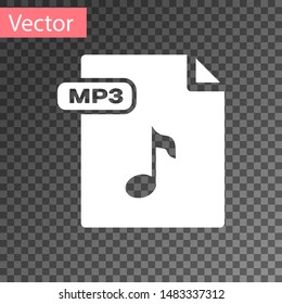 White MP3 file document. Download mp3 button icon isolated on transparent background. Mp3 music format sign. MP3 file symbol.  Vector Illustration