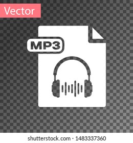 White MP3 file document. Download mp3 button icon isolated on transparent background. Mp3 music format sign. MP3 file symbol.  Vector Illustration