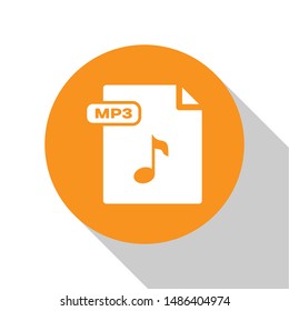 White MP3 file document. Download mp3 button icon isolated on white background. Mp3 music format sign. MP3 file symbol. Orange circle button. Vector Illustration