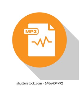 White MP3 file document. Download mp3 button icon isolated on white background. Mp3 music format sign. MP3 file symbol. Orange circle button. Vector Illustration