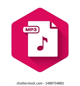 White MP3 file document. Download mp3 button icon isolated with long shadow. Mp3 music format sign. MP3 file symbol. Pink hexagon button. Vector Illustration