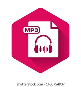 White MP3 file document. Download mp3 button icon isolated with long shadow. Mp3 music format sign. MP3 file symbol. Pink hexagon button. Vector Illustration