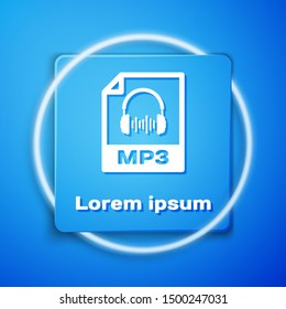 White MP3 file document. Download mp3 button icon isolated on blue background. Mp3 music format sign. MP3 file symbol. Blue square button. Vector Illustration