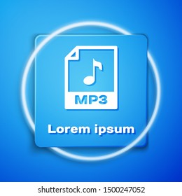 White MP3 file document. Download mp3 button icon isolated on blue background. Mp3 music format sign. MP3 file symbol. Blue square button. Vector Illustration