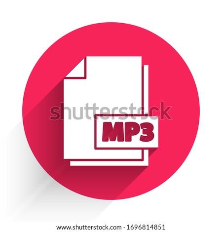 White MP3 file document. Download mp3 button icon isolated with long shadow. Mp3 music format sign. MP3 file symbol. Red circle button. Vector Illustration