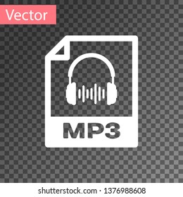 White MP3 file document icon. Download mp3 button icon isolated on transparent background. Mp3 music format sign. MP3 file symbol. Vector Illustration