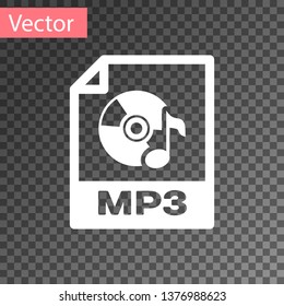 White MP3 file document icon. Download mp3 button icon isolated on transparent background. Mp3 music format sign. MP3 file symbol. Vector Illustration