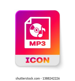 White MP3 file document icon. Download mp3 button icon isolated on white background. Mp3 music format sign. MP3 file symbol. Rectangle color button. Vector Illustration