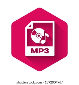 White MP3 file document icon. Download mp3 button icon isolated with long shadow. Mp3 music format sign. MP3 file symbol. Pink hexagon button. Vector Illustration