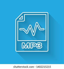 White MP3 file document icon. Download mp3 button line icon isolated with long shadow. Mp3 music format sign. MP3 file symbol. Vector Illustration