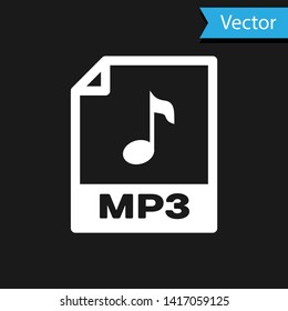 White MP3 file document icon. Download mp3 button icon isolated on black background. Mp3 music format sign. MP3 file symbol. Vector Illustration