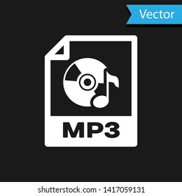 White MP3 file document icon. Download mp3 button icon isolated on black background. Mp3 music format sign. MP3 file symbol. Vector Illustration