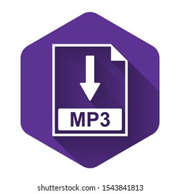 White MP3 file document icon. Download MP3 button icon isolated with long shadow. Purple hexagon button. Vector Illustration