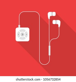 White mp3 player with earphones flat icon isolated on red background. Simple mp3 player with long shadow in flat style, vector illustration.