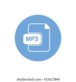 White MP3 vector icon. Blue circle. Blue button