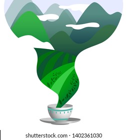 
White mug with aromatic green tea and tea leaves. Vector illustration