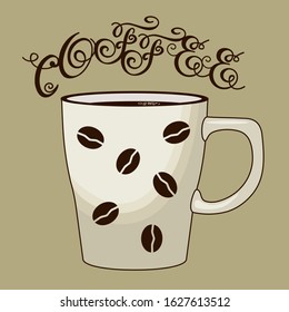 white mug with coffee beans on a beige isolated background with calligraphy the  inscription Coffee