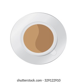 White mug of coffee with foam and saucer. Illustration on transparent background.