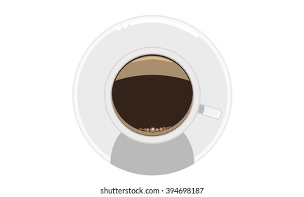 White mug of coffee with foam and saucer. Mock up view from the top. Illustration vector  with flat solid color design