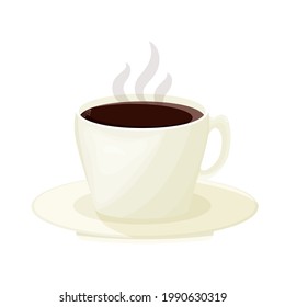 White mug of coffee. Morning drink. Black coffee. Icon in cartoon style. Isolated object.
