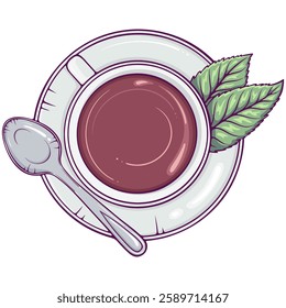 White mug of coffee or tea with saucer, spoon and mint leaves. Cup with hot drink top view. Simple vector color illustration in hand drawn style isolated on white