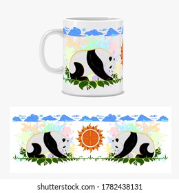 White mug design. Pandas on the background of creative colored blots and asian elements. Colored ornament typography. Decorative vector illustration for mugs and other utensils