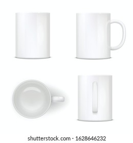 White mug, empty cup, ceramic tableware mockup. Utensil item, coffee cup views realistic 3D vector set. Porcelain teacup packet front, top and side view pack isolated on white background