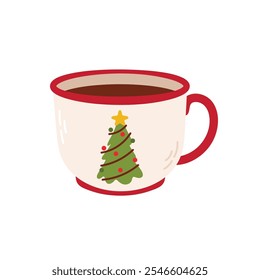 White mug featuring a decorated Christmas tree for holiday hot beverages