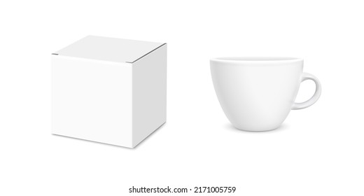 White mug and white gift box. Mockup Vector Template