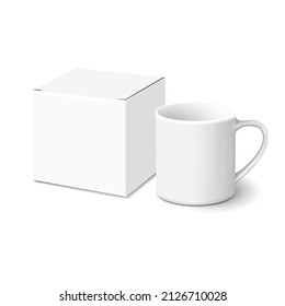 White mug and gift box. Vector 3d style,mockup