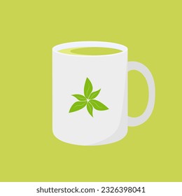 White mug with green tea. Isolated on a light green background.