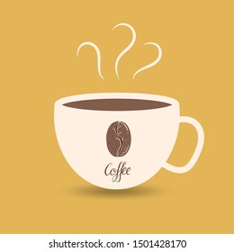 White mug with the image of coffee beans and the inscription on a yellow background