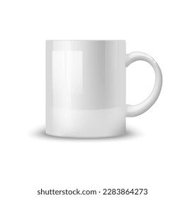 White mug mockup isolated 3d vector blank ceramic cup with handle for company branding or product identity design. Kitchen crockery template for coffee or tea drinks