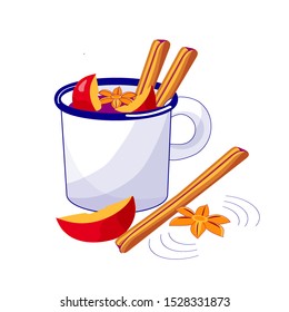 White mug with mulled wine with apples, anis and cinnamon sticks - vector illustration in flat style with outlines, cute and funny image for Christmas greeting cards and stickers