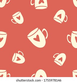 white mug with a pattern of hearts on a red square background - vector seamless pattern