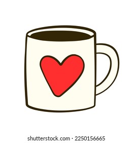 White mug with a red heart-shaped label. Valentine's day. Cartoon flat icon. Vector illustration