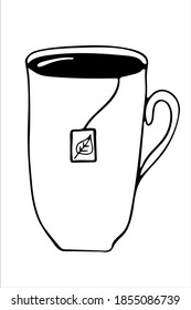 White mug with a spoon and a tea bag label with a leaf. Isolated hand drawn simple vector illustration in black and white.