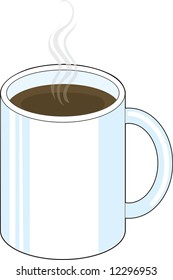 A white mug of steaming coffee or tea