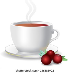 white mug of tea, cranberries, isolated on white