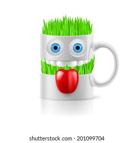 White mug of two parts with teeth, tongue and a couple of blue eyes, grass inside.