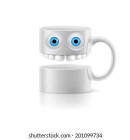White mug of two parts with teeth and a couple of blue eyes.